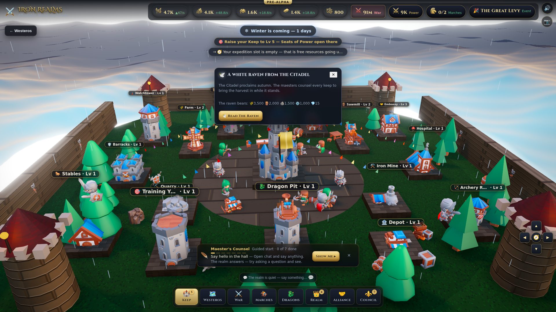 The Iron Realms game interface over a keep, showing resource counters, building labels and the bottom navigation dock